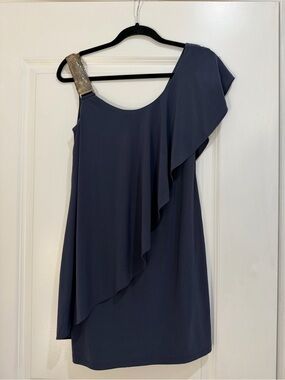 SIZE 4P | Betsy & Adam Navy One-Shoulder Dress with Gold Embellished Strap